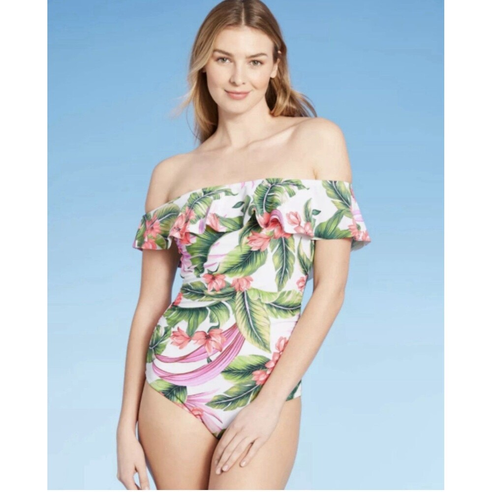 NWT Women's Flutter Top White Tropical Floral One Piece Swimsuit - Kona Sol M
